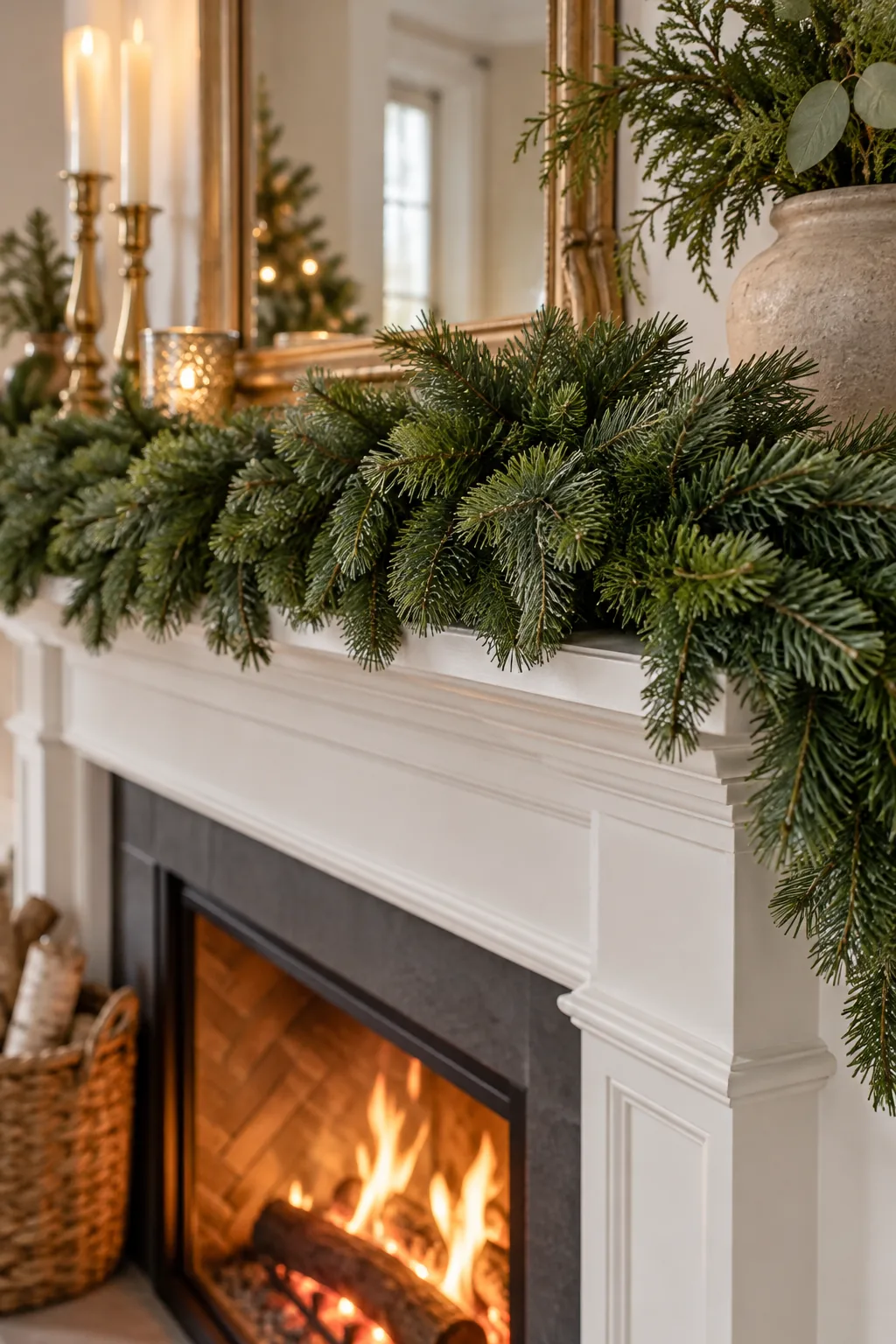 Close-up of two faux pine garlands twisted together into a thick rope on a white mantel.