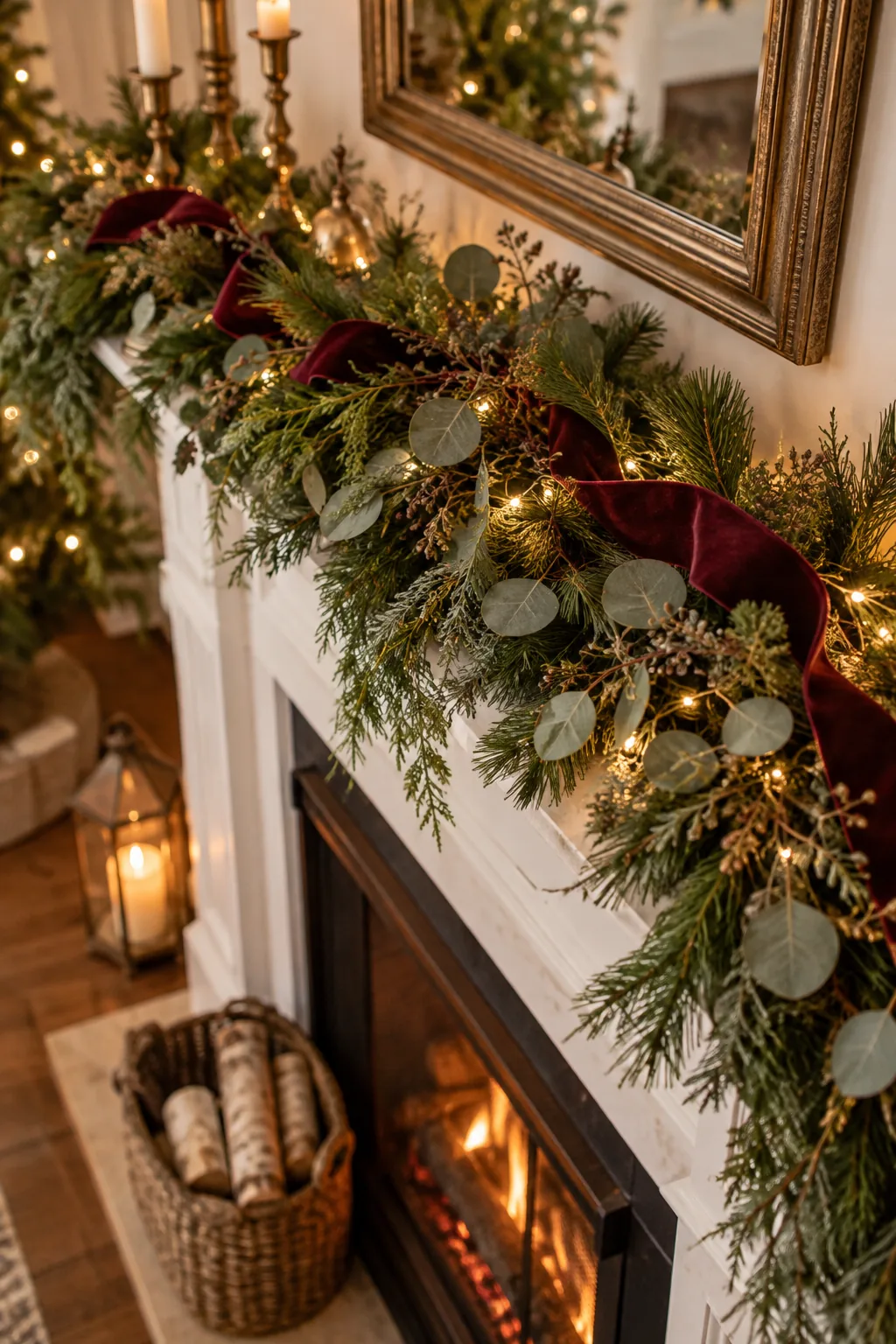 Warm white micro-lights glowing from deep inside a thick pine mantel garland.