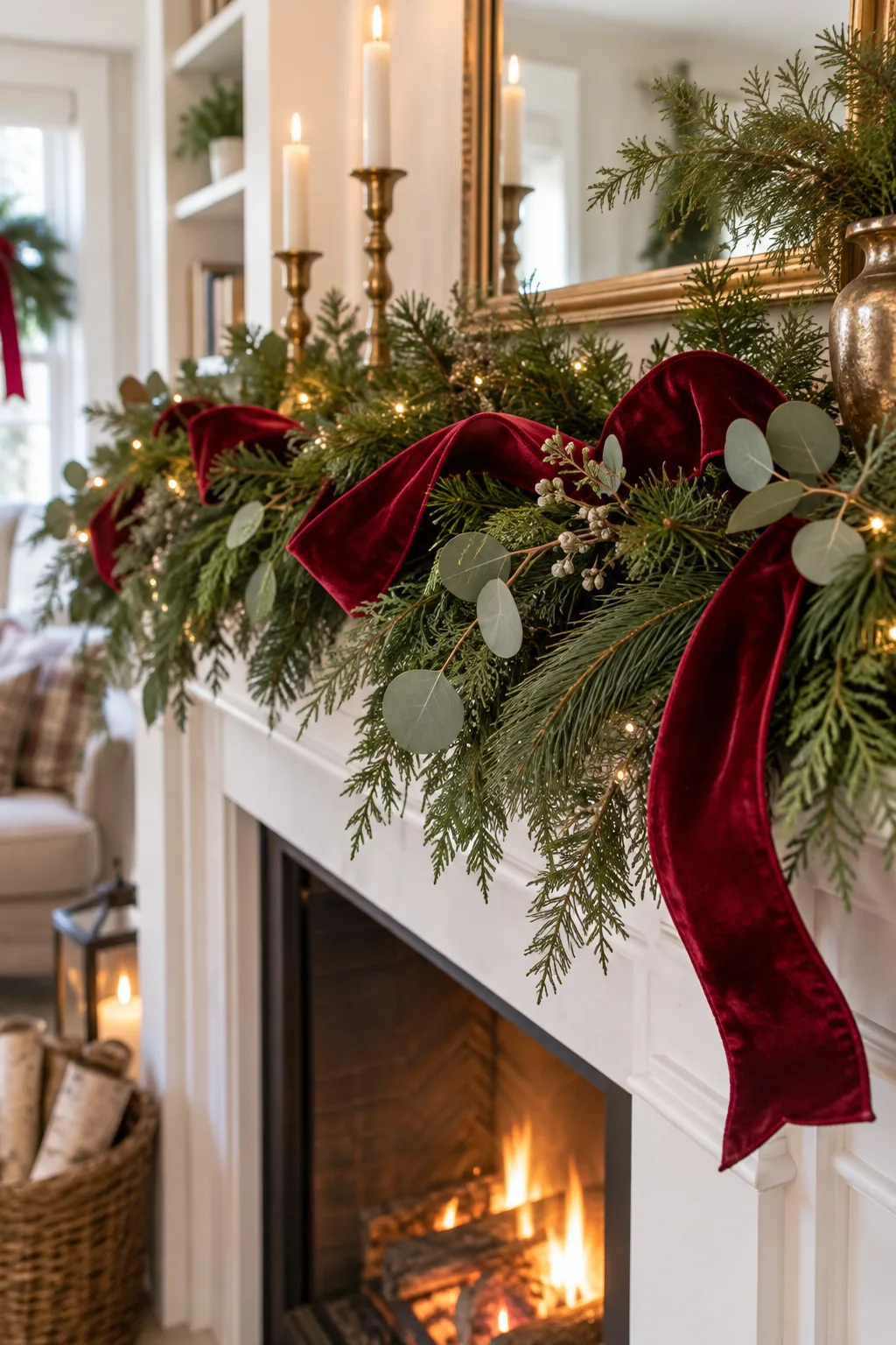 Fresh cedar and eucalyptus sprigs tucked into a faux pine garland.