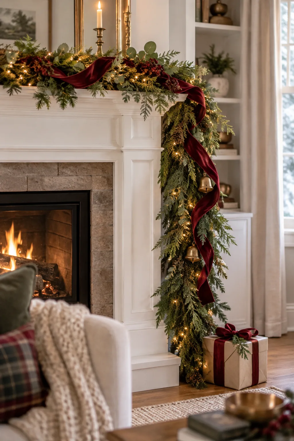 Cranberry velvet wired ribbon woven in loose S-curves through a lit mantel garland.