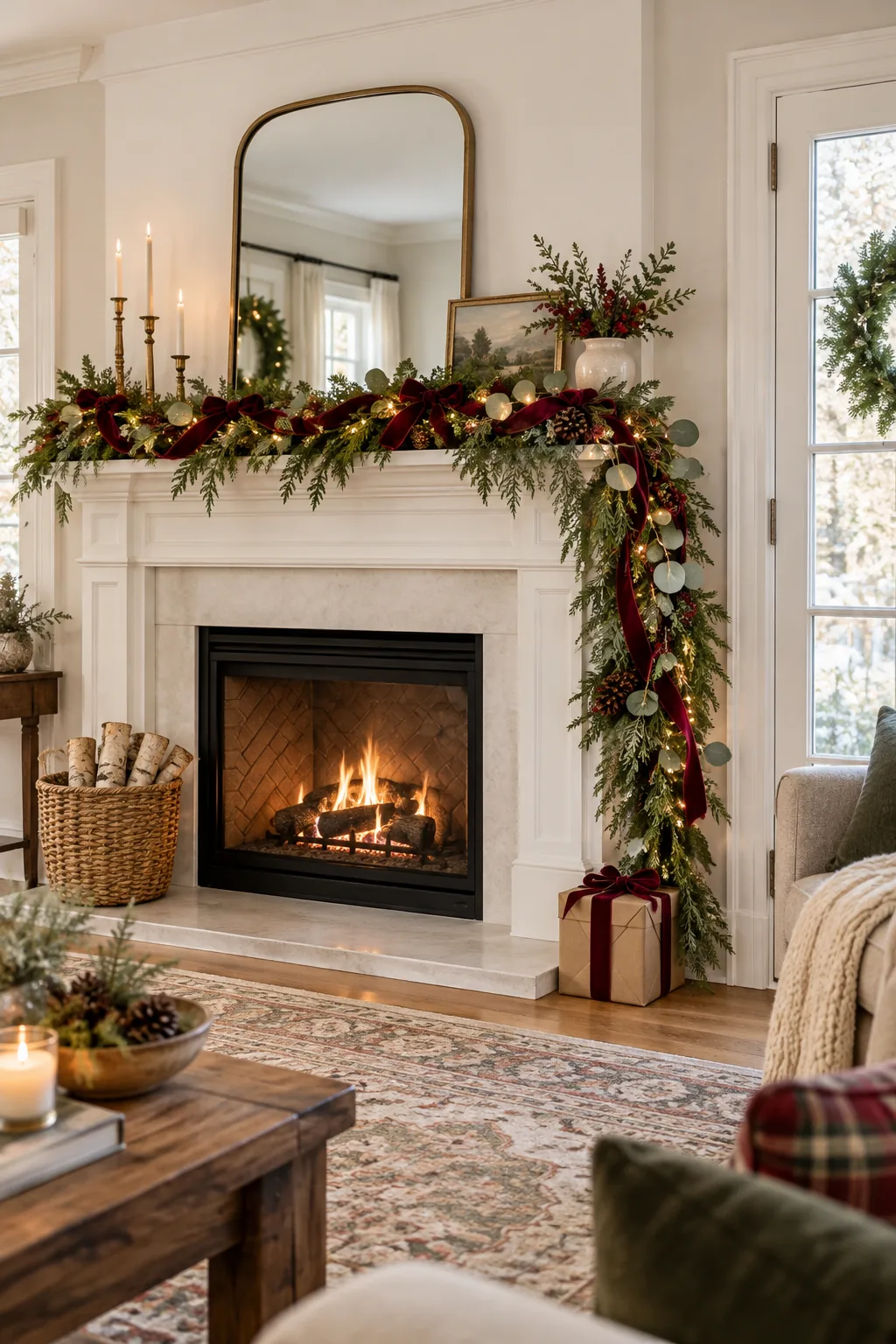 The right side of a lush Christmas garland cascading 18 inches down a white fireplace surround.