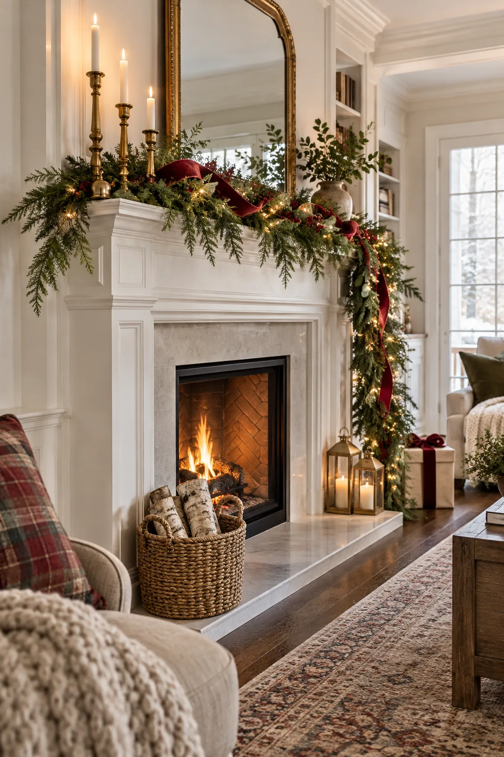 Brass candlesticks and a birch log basket on the left side of a decorated fireplace.