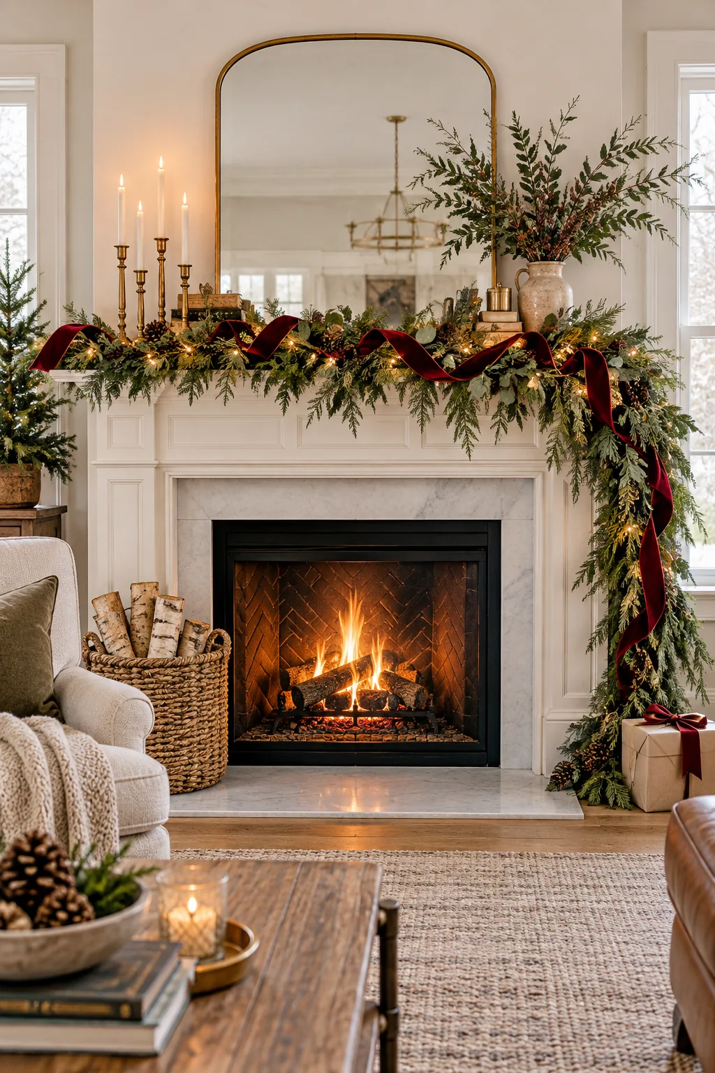 A fully decorated living room fireplace featuring an asymmetric layered Christmas garland.