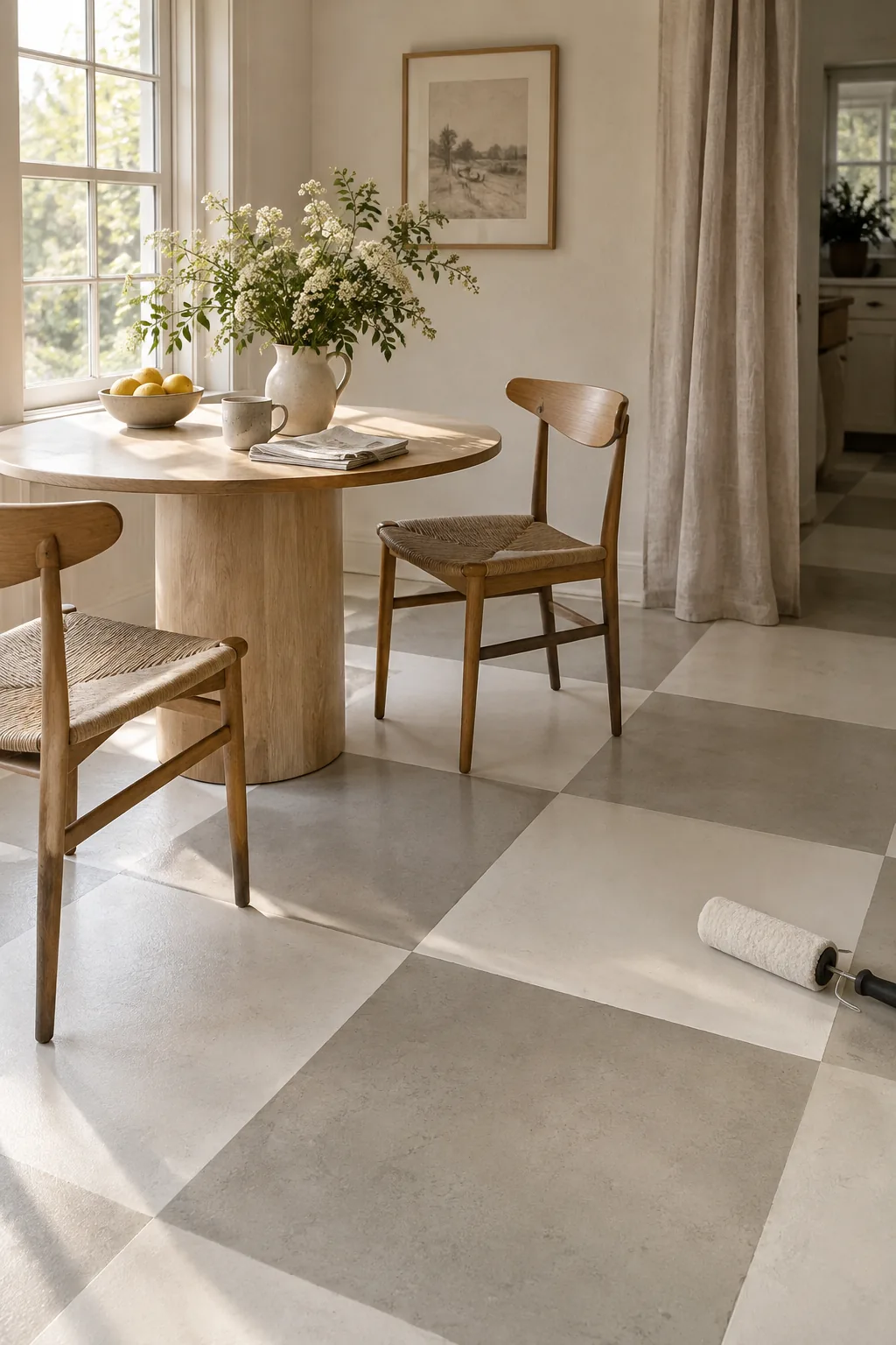 Black and white painted checkerboard pattern on a basement concrete floor