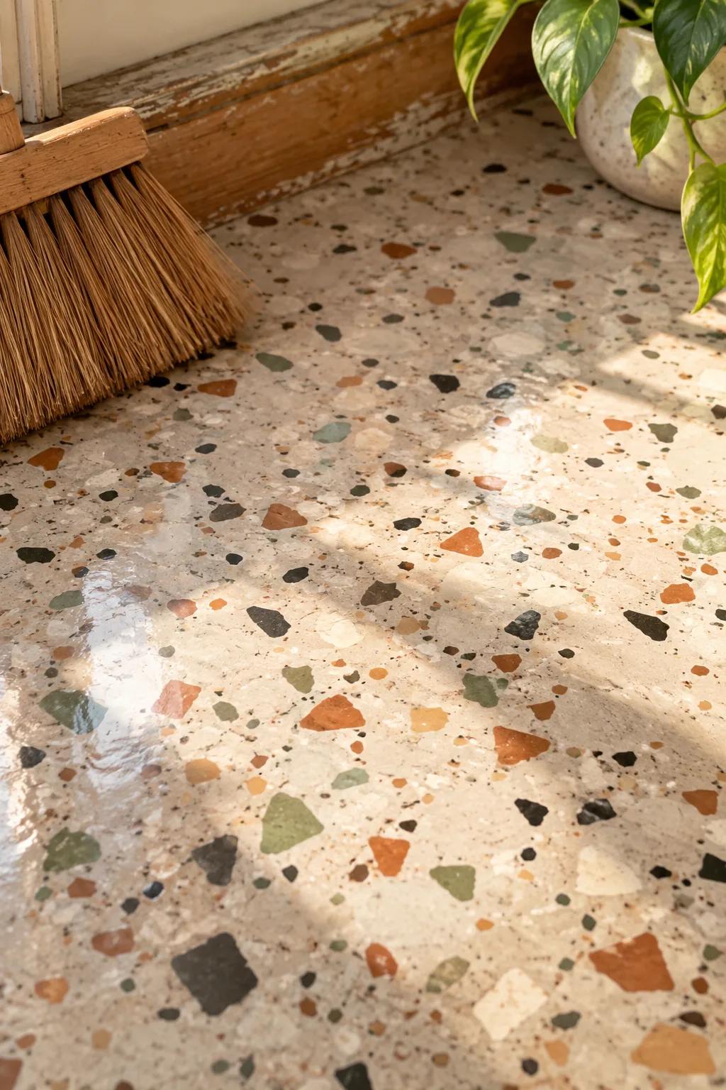 Concrete floor coated in gray epoxy with black, white, and blue decorative vinyl flakes