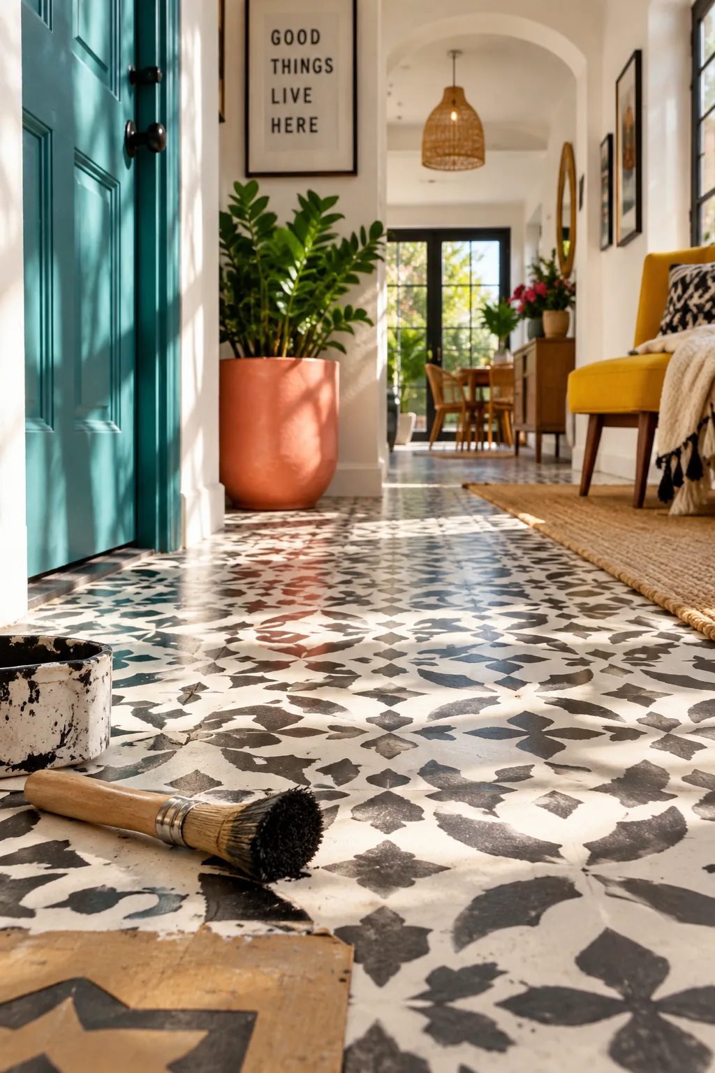 White concrete floor with a black geometric stenciled tile pattern