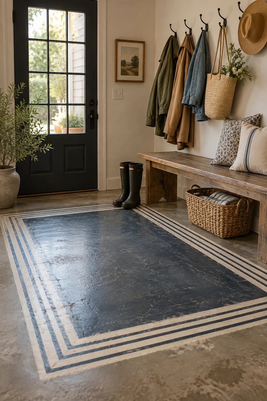 A painted rectangle resembling an area rug with striped borders on a concrete floor