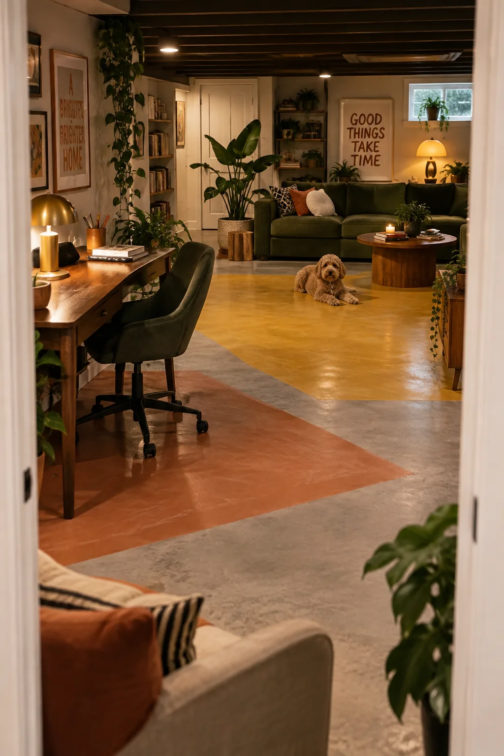 Basement floor painted with large geometric shapes in terracotta and mustard yellow