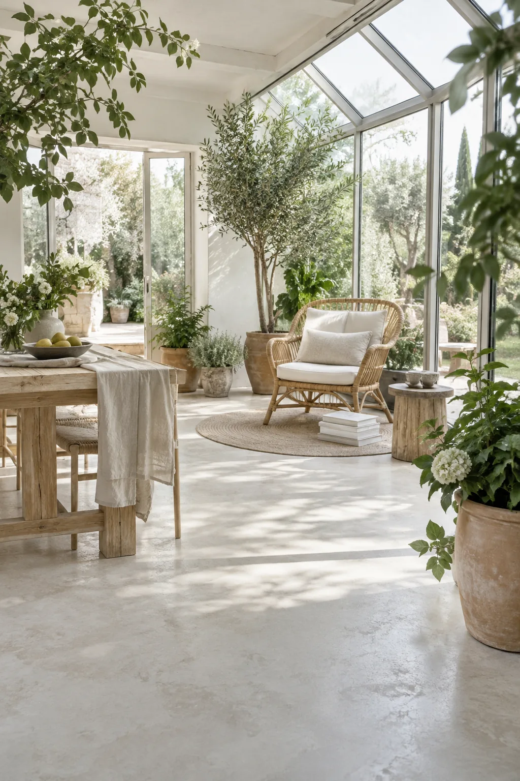 Light whitewashed concrete floor in a sunroom filled with potted plants