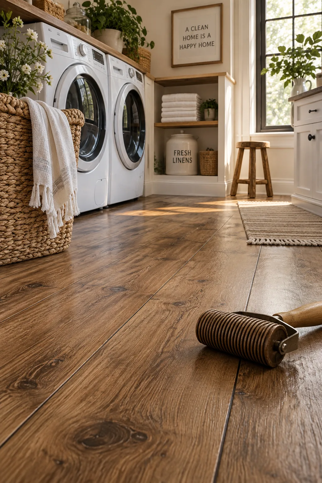 Concrete floor painted to look like brown wood planks with grain details