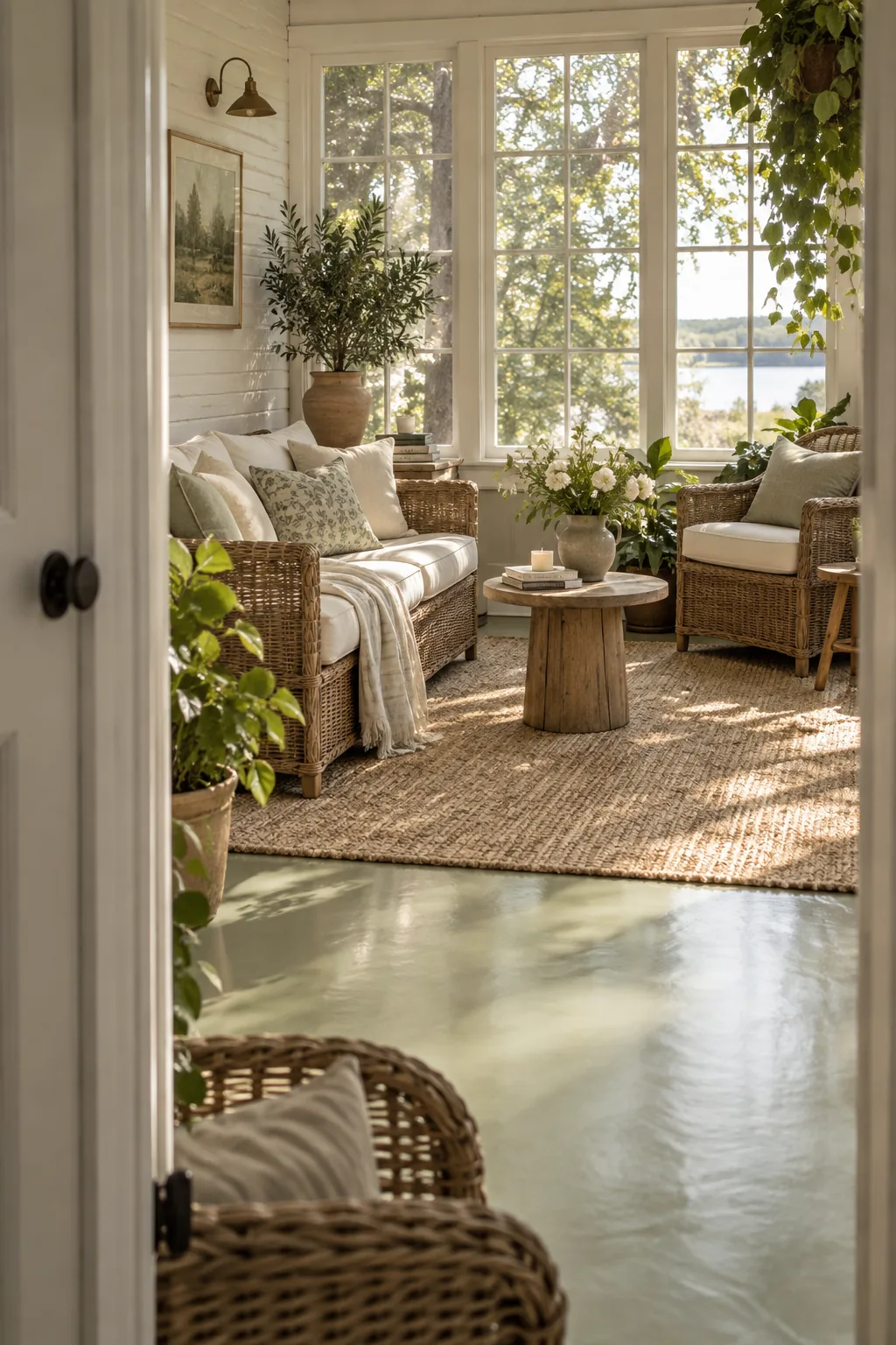 Satin sage green painted concrete floor in an enclosed sunporch