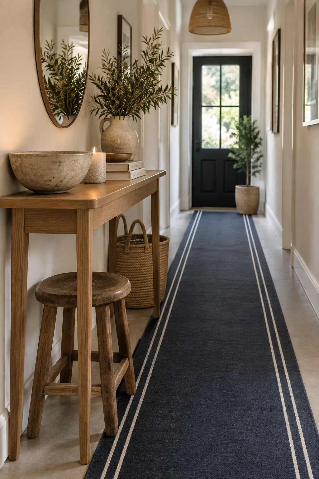 Navy blue painted runner down the center of a concrete hallway