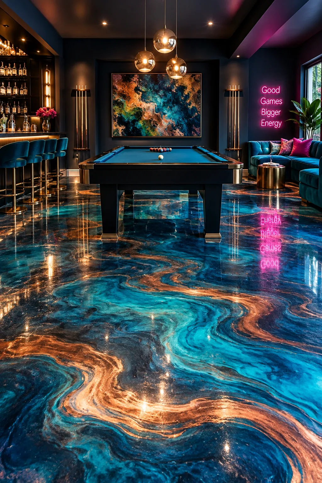 Glossy metallic epoxy floor with swirling silver and blue marble patterns