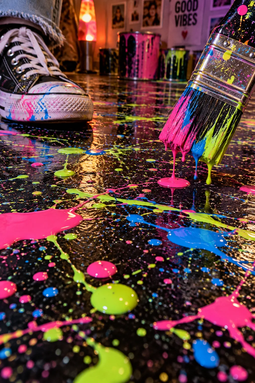 Black concrete floor covered in neon paint splatters