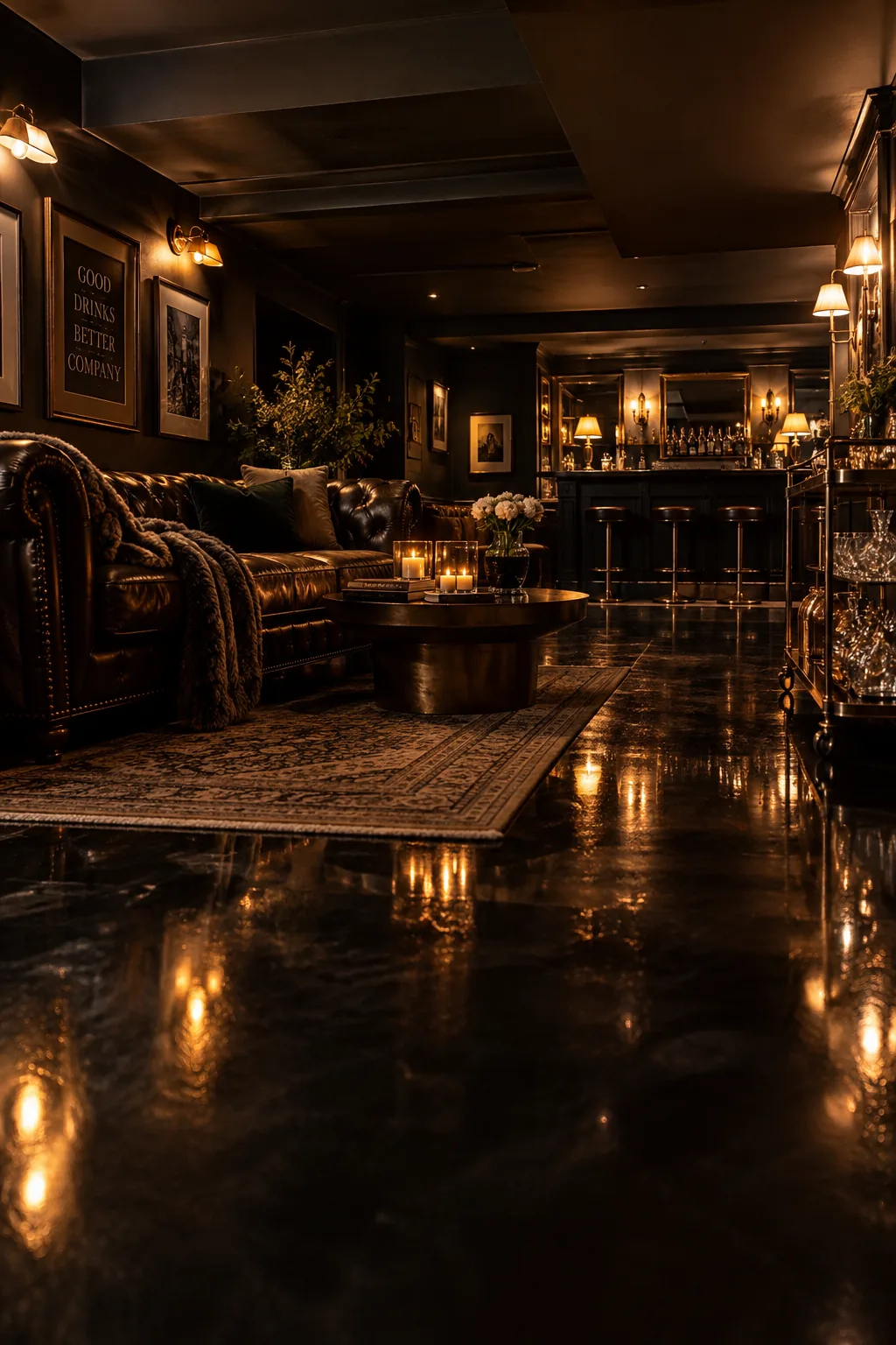 High-gloss black painted concrete floor reflecting light in a moody basement lounge