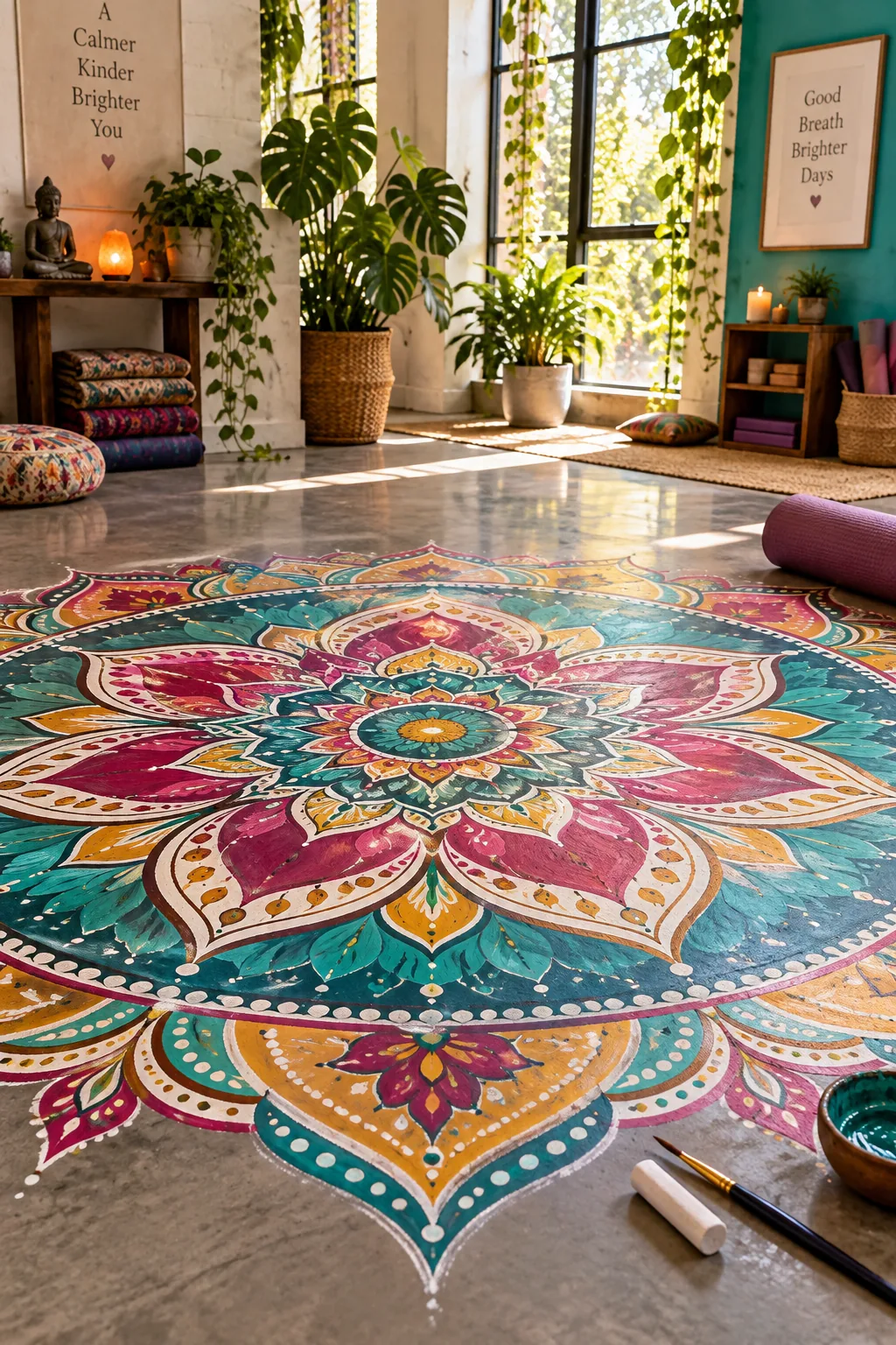 Large intricate white mandala painted in the center of a gray concrete floor