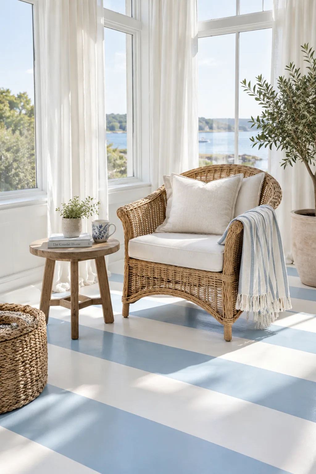 Concrete floor painted with wide alternating white and powder blue stripes