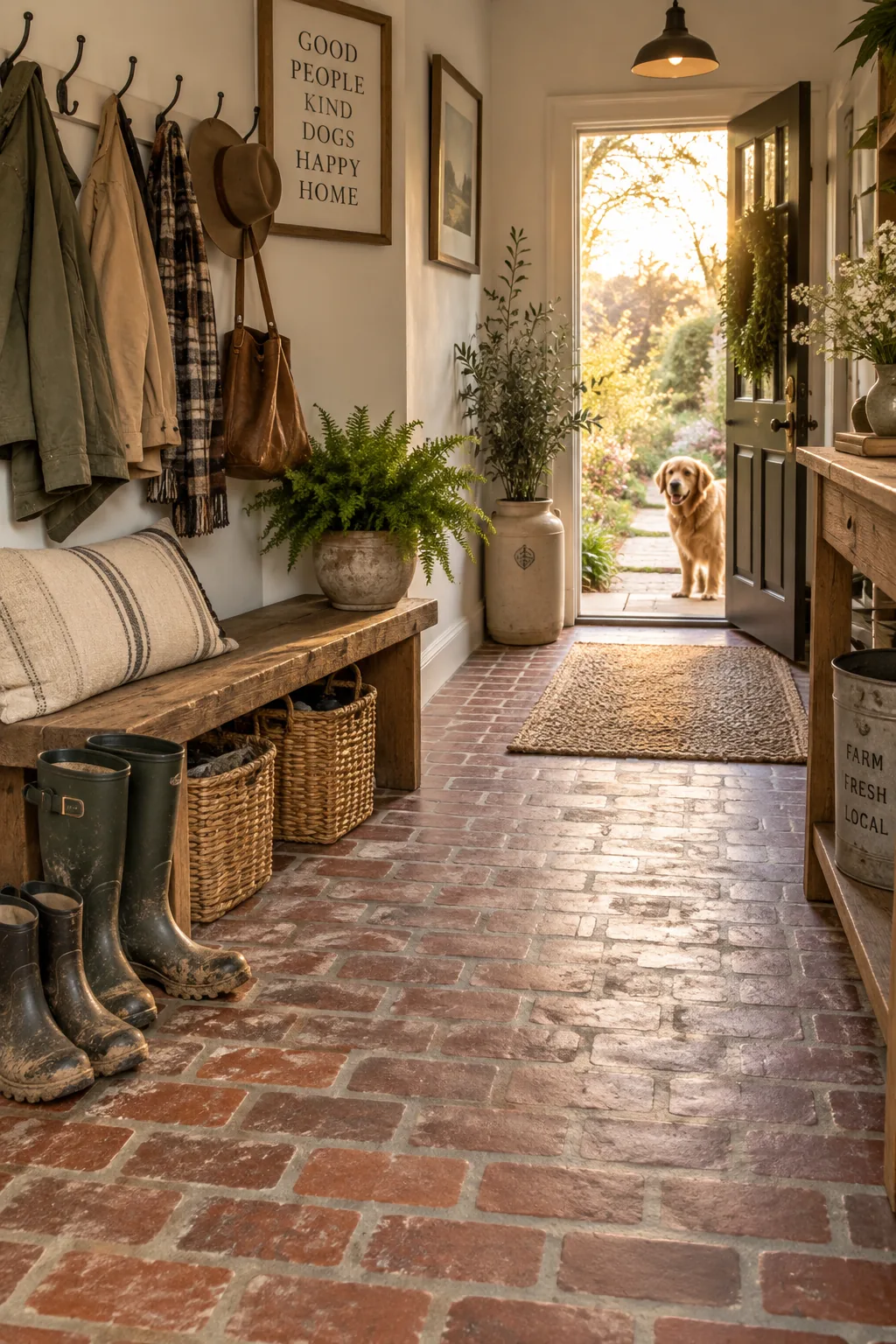 Concrete floor stenciled to look like a weathered red brick walkway