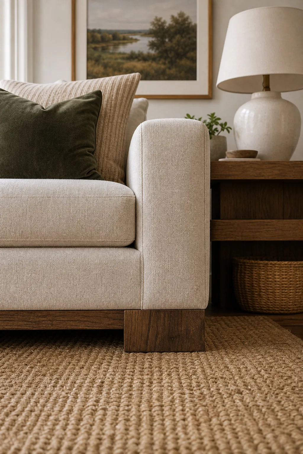 Close-up of a solid wood sofa base resting on a textured jute rug.