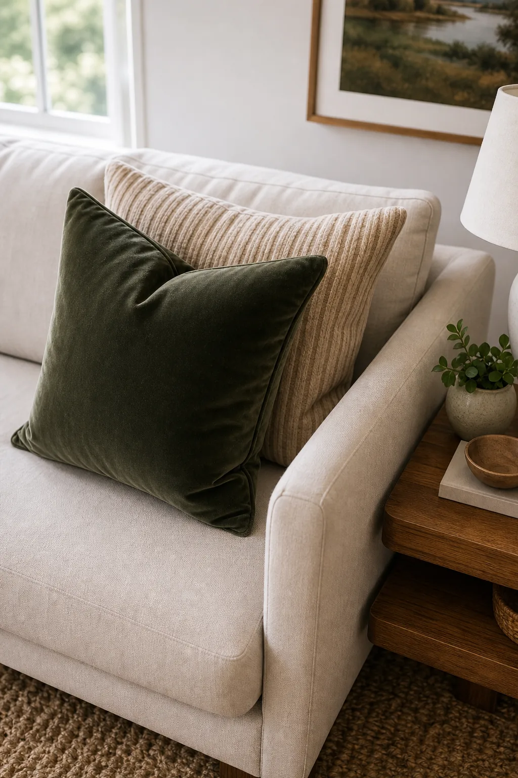 A dark green velvet pillow and a ribbed beige pillow on a cream sofa.