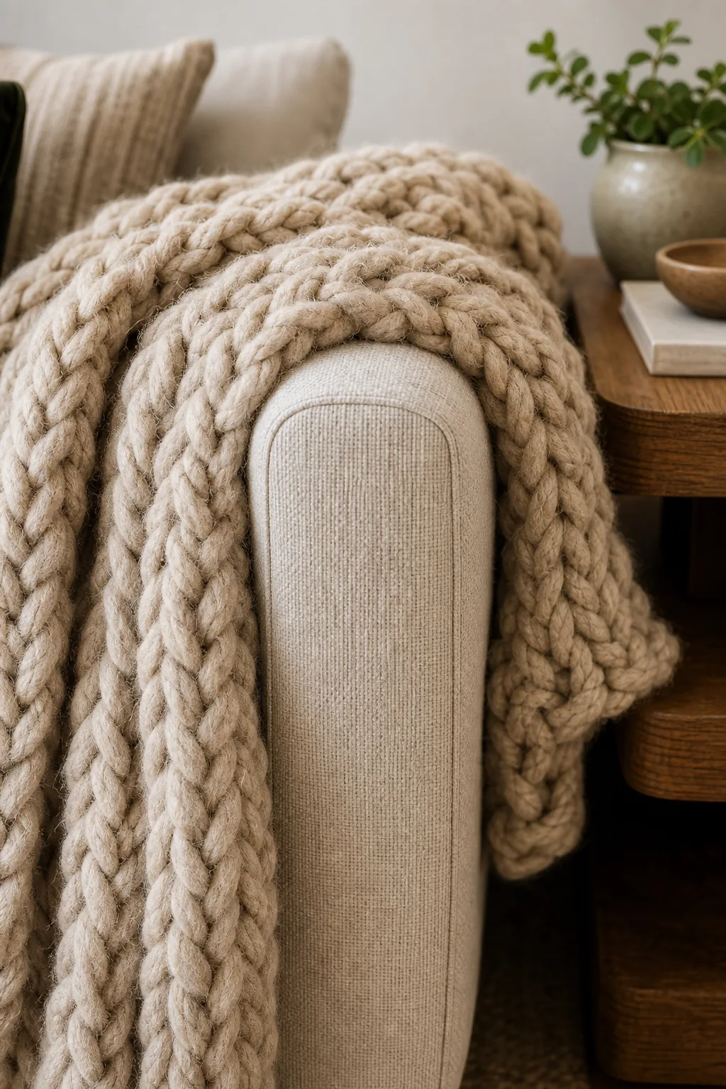 Close-up detail of a thick knit blanket draped over a smooth linen sofa arm.