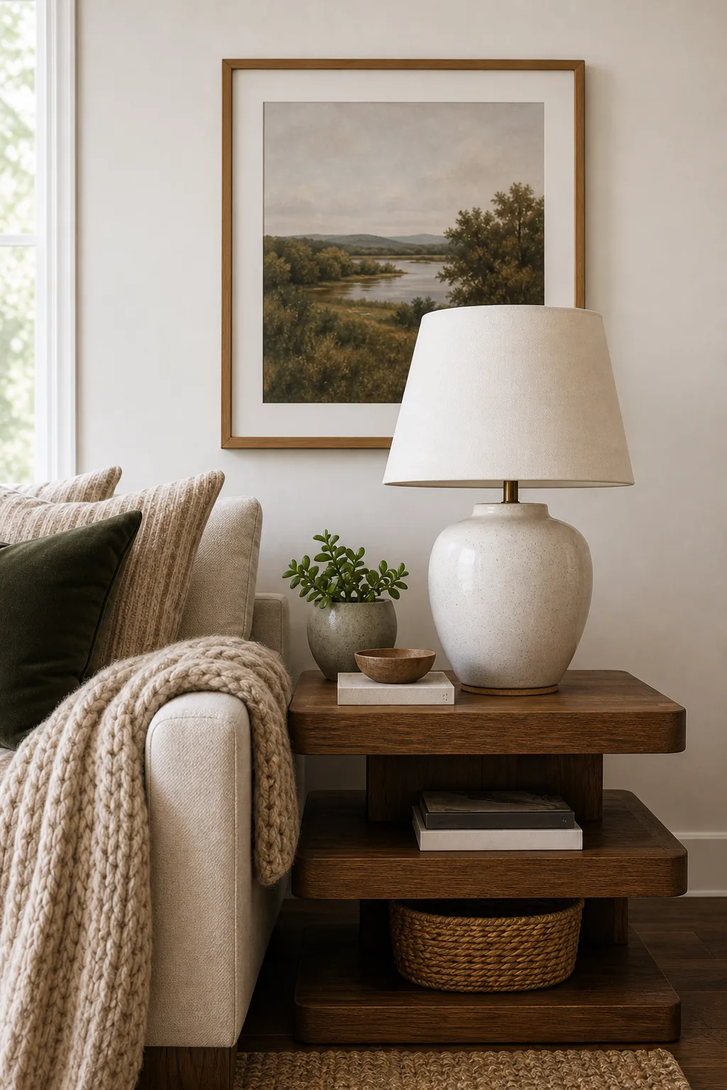 A heavy white ceramic table lamp on a tiered wooden side table.