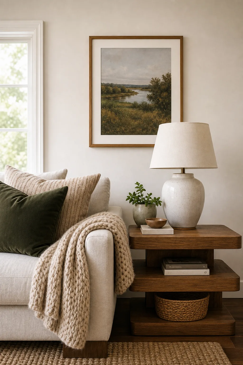 Framed landscape artwork hanging on a white wall above a table lamp.