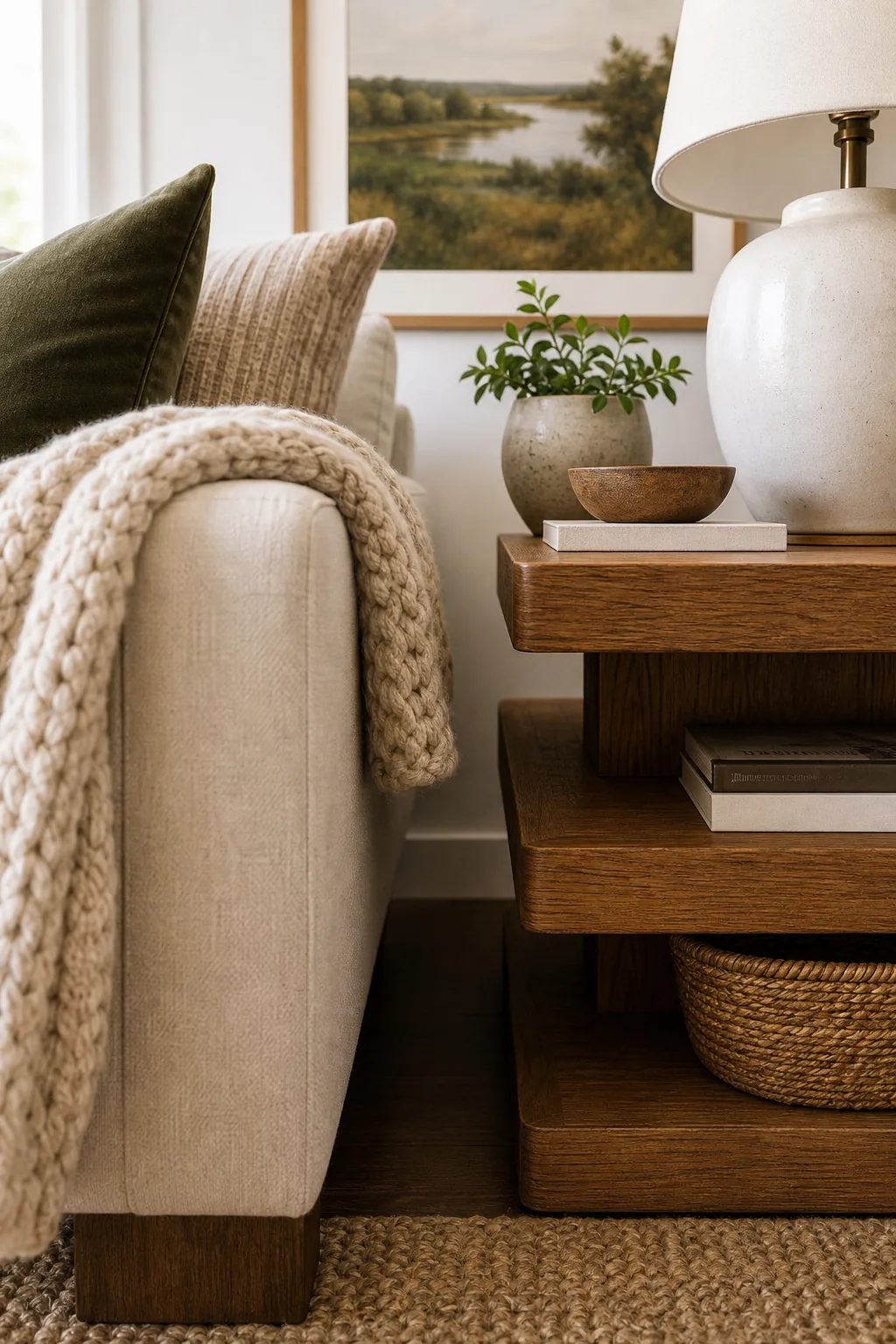A narrow gap of negative space between a sofa arm and a side table.