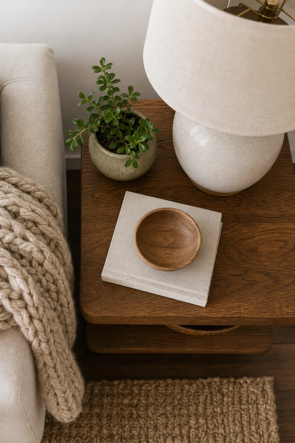 Overhead view of a side table with a lamp base, small plant, and wooden bowl.