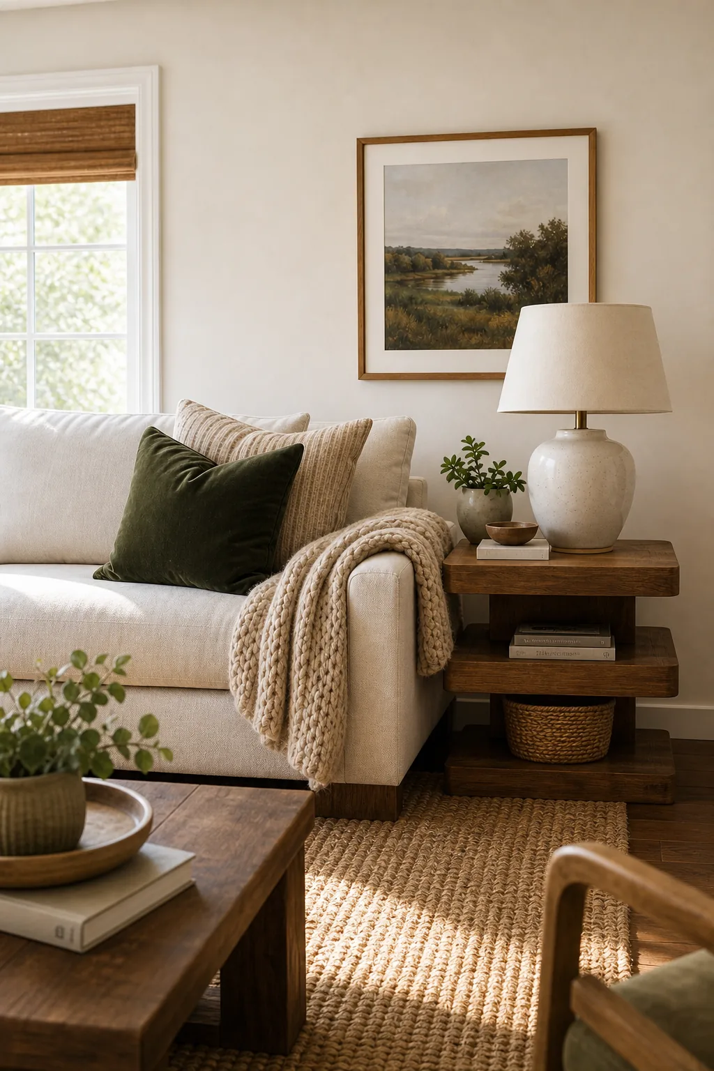 A fully styled living room corner showing perfect proportions between furniture and decor.