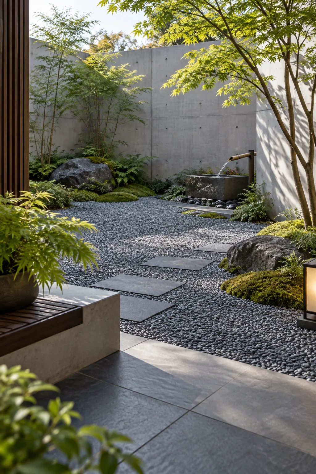 Modern minimalist Japanese courtyard with concrete walls and slate grey gravel.