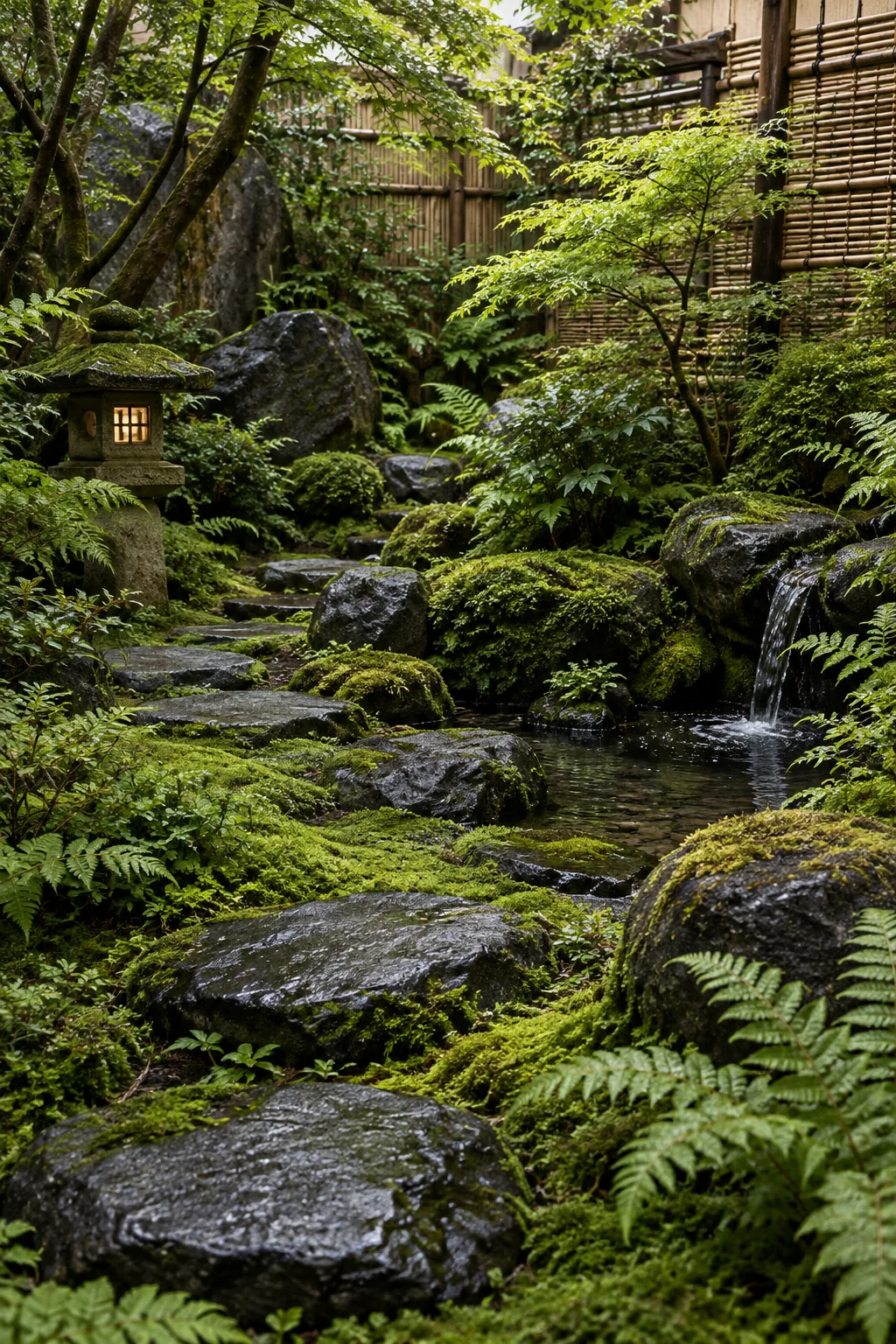 Shaded woodland Japanese garden with heavy moss, ferns, and dark basalt stones.