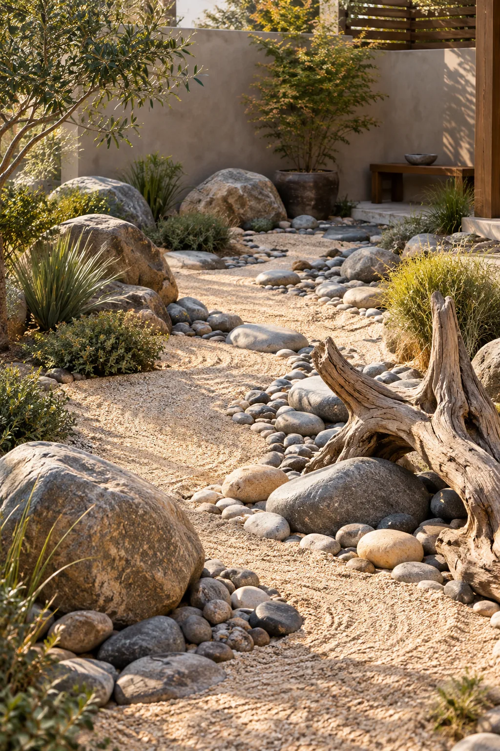 Dry riverbed garden with smooth river rocks, beige sand, and driftwood.