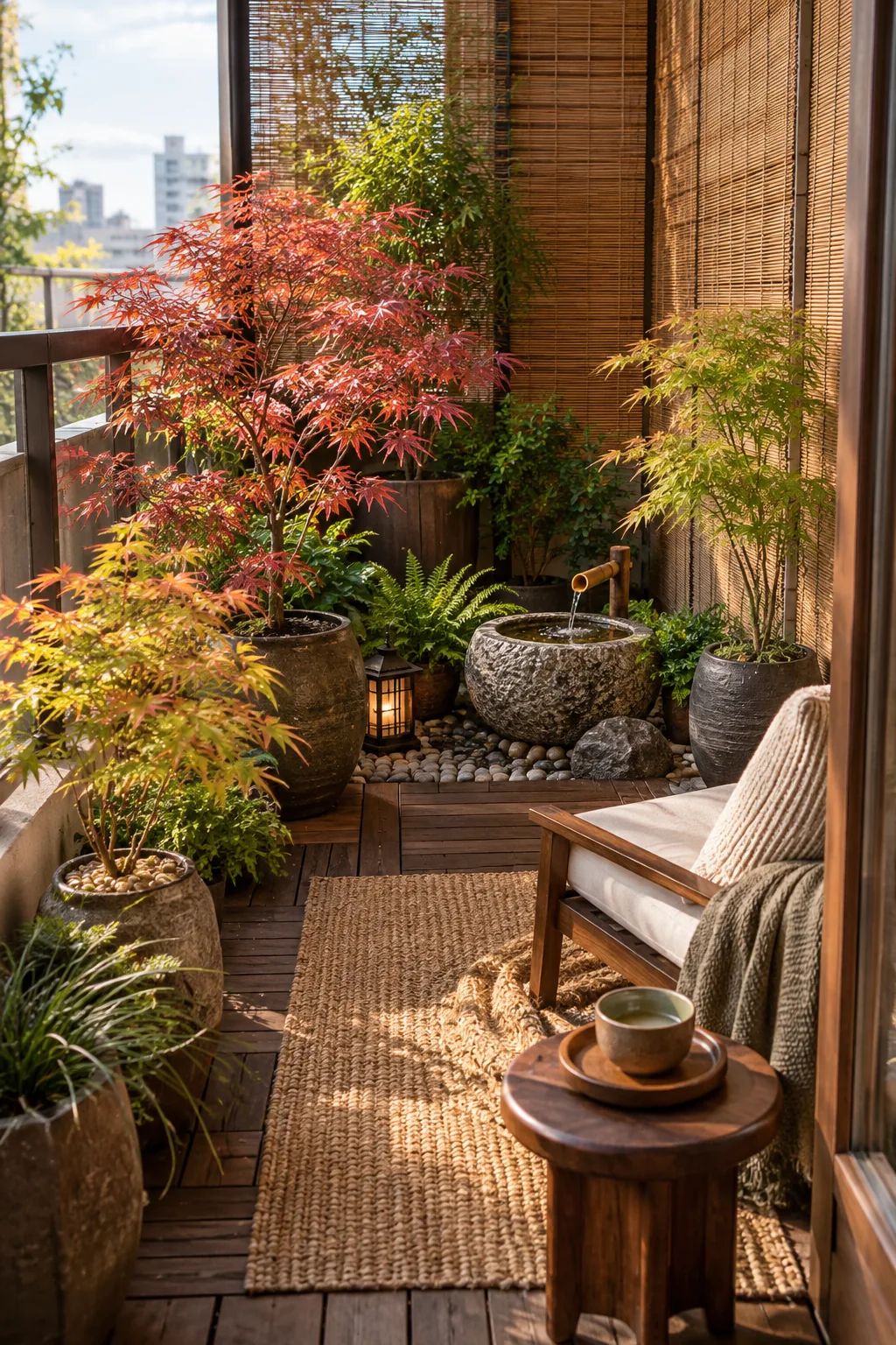 Enclosed balcony garden with potted dwarf maples and a tabletop stone basin.
