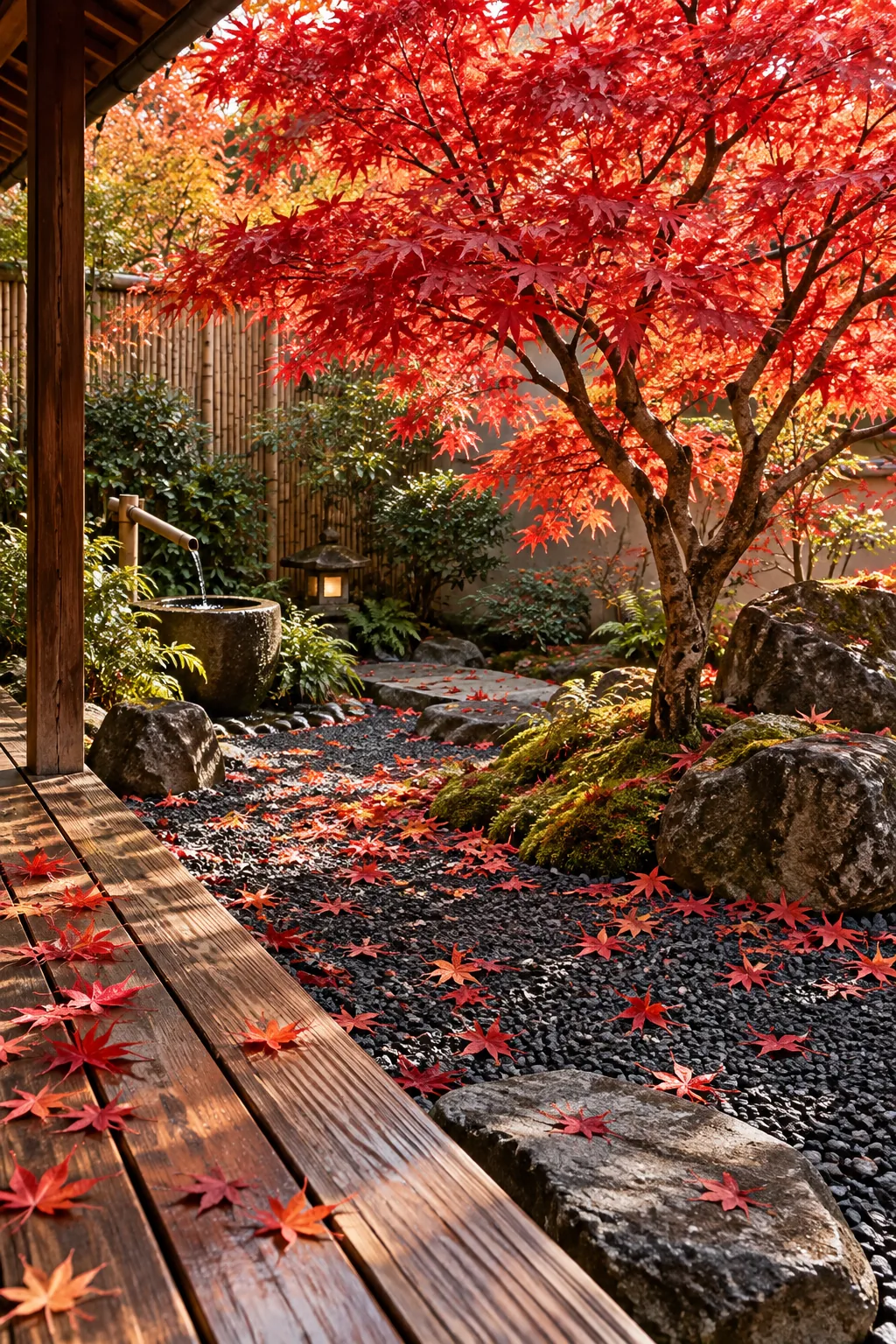 Autumn Japanese garden with a vibrant red maple tree over dark gravel.