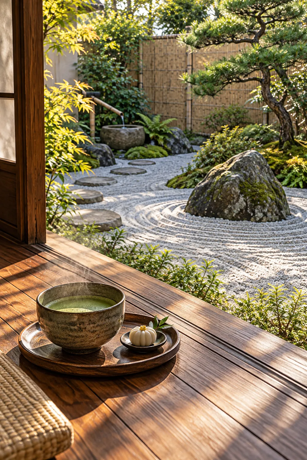Steaming cup of matcha tea on a wooden porch looking out at a raked gravel garden.