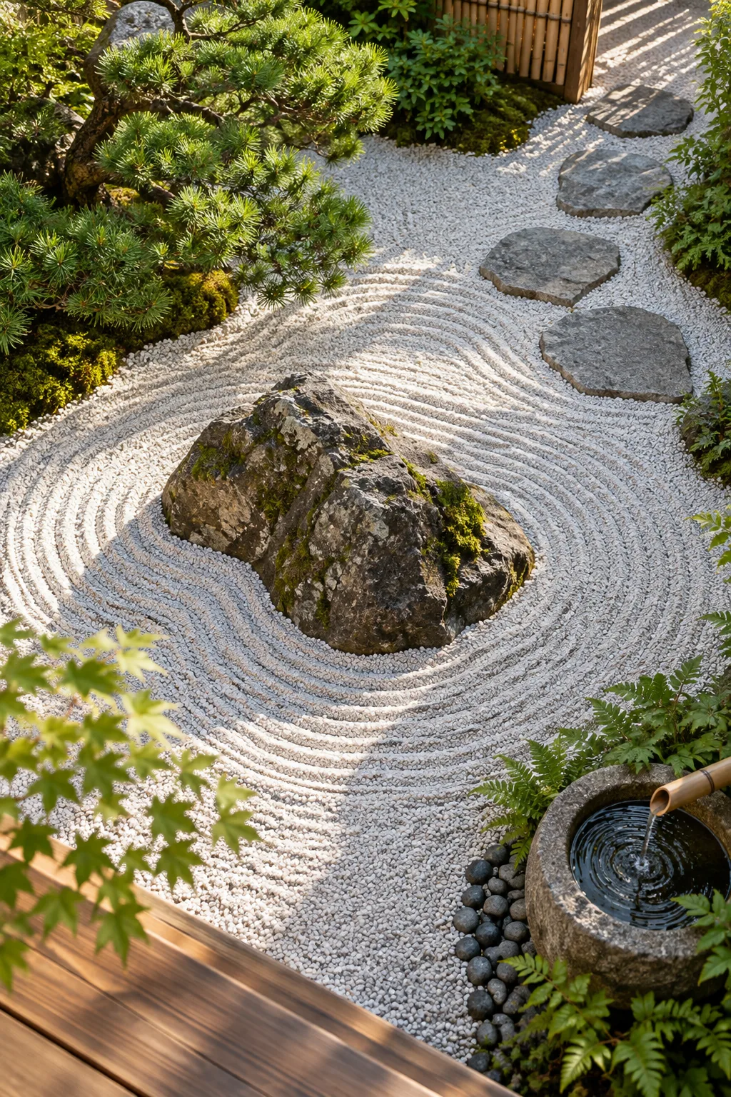 Deeply raked white crushed granite showing distinct, sharp ridges in morning light.