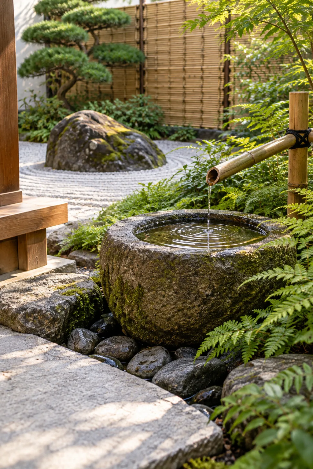 Large, mossy asymmetrical dark stone anchored deeply in raked white granite.