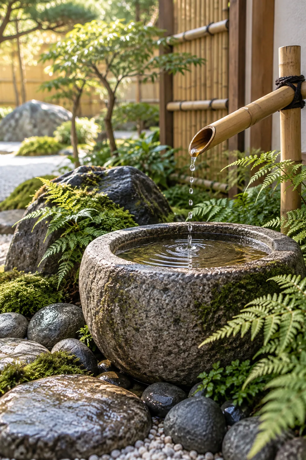 Low stone basin with a bamboo spout dripping water among ferns.
