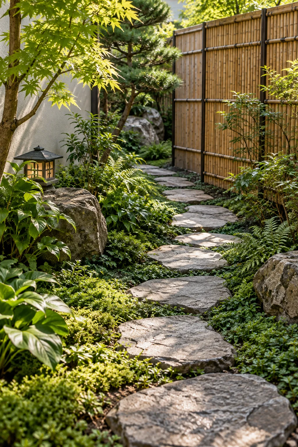Stepping stone path curving out of sight behind a woven bamboo screen.