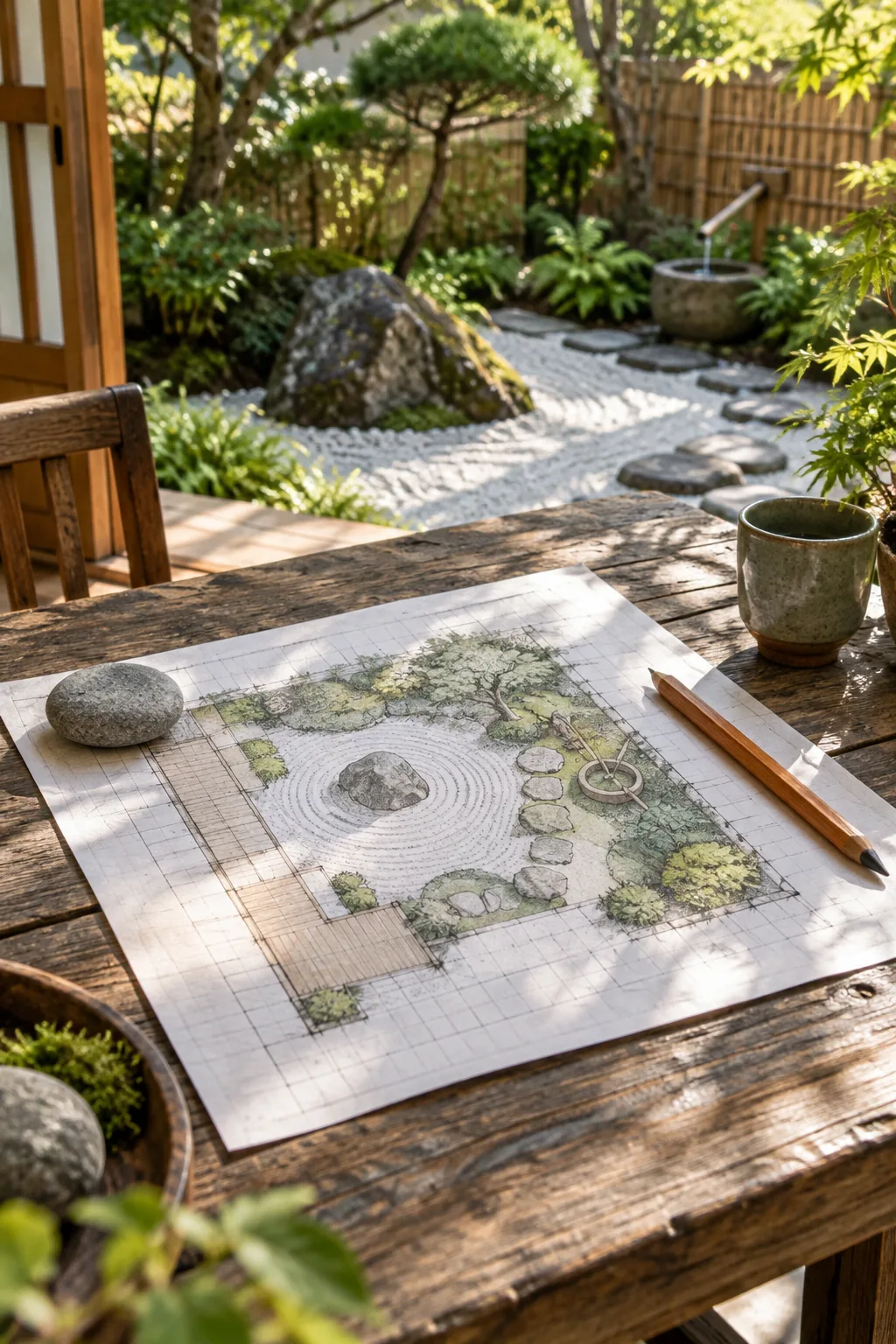 Printed garden layout grid on a wooden table weighted down by a small stone.
