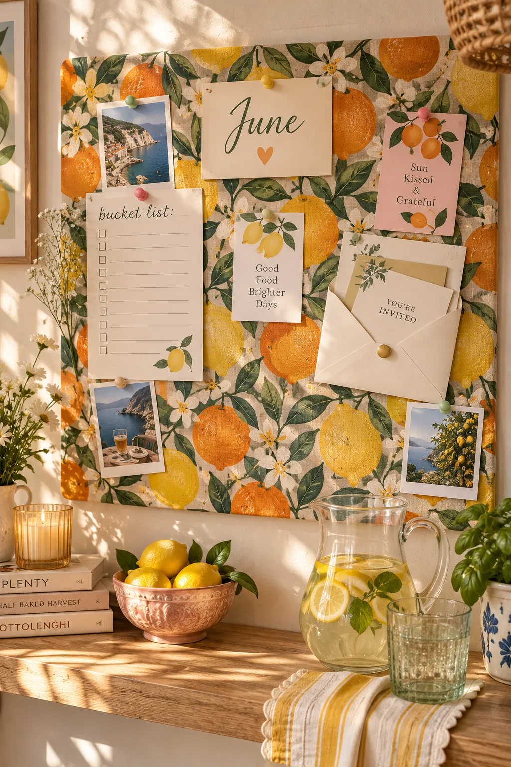 corkboard covered in bright citrus print fabric with notes pinned to it