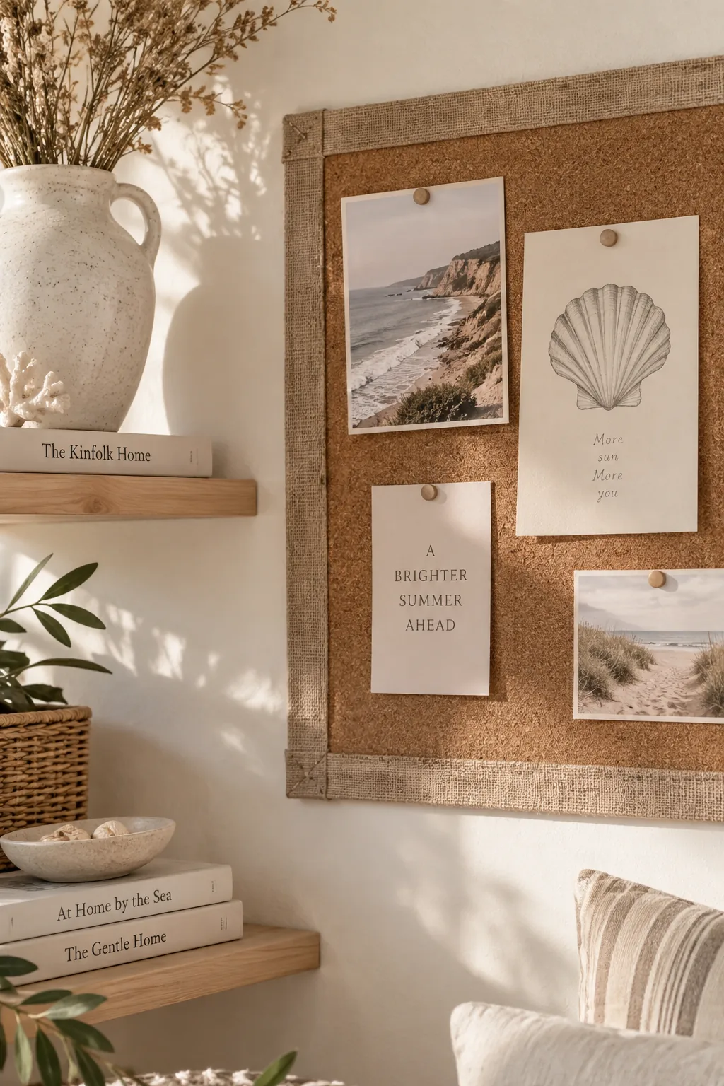 bulletin board edged with textured burlap ribbon stapled to the frame