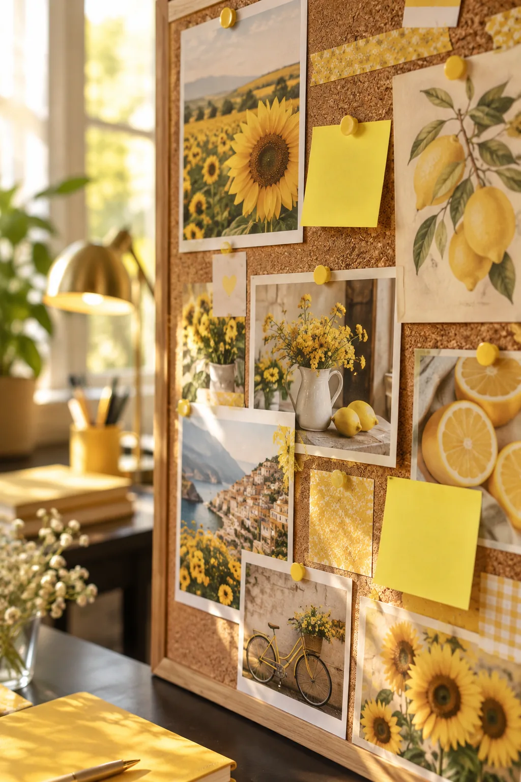 bulletin board styled entirely with yellow postcards, recipes, and sticky notes