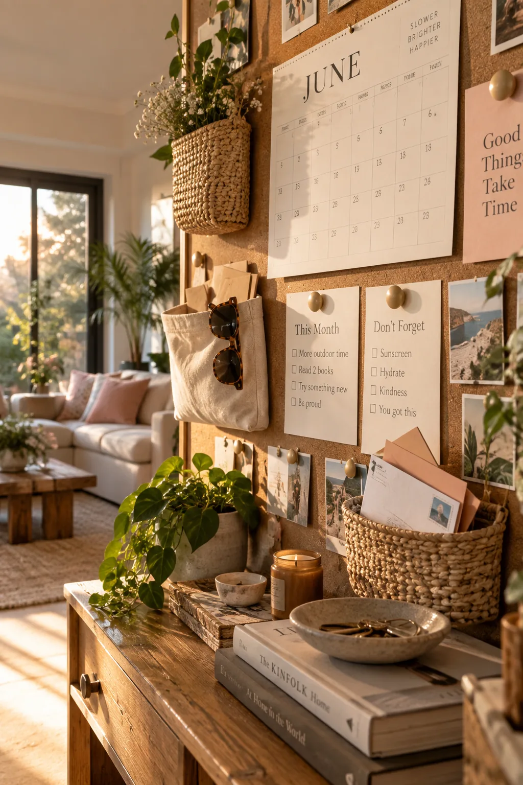 bulletin board with flat papers layered under small woven baskets and canvas pouches
