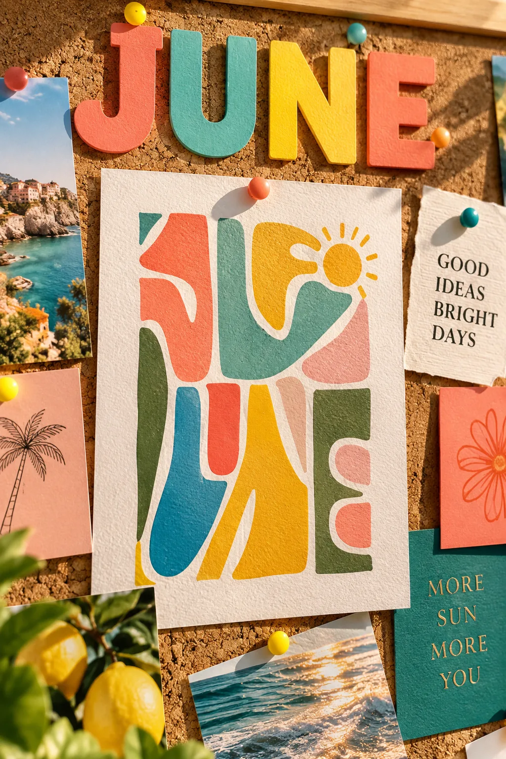 large typography print with a summer quote pinned to the top of a corkboard