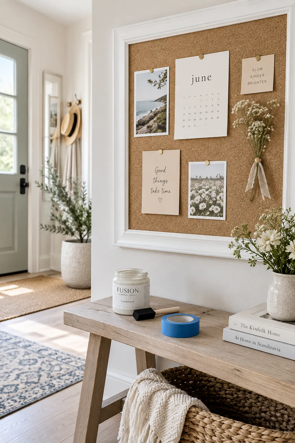 bulletin board with a freshly painted glossy white frame