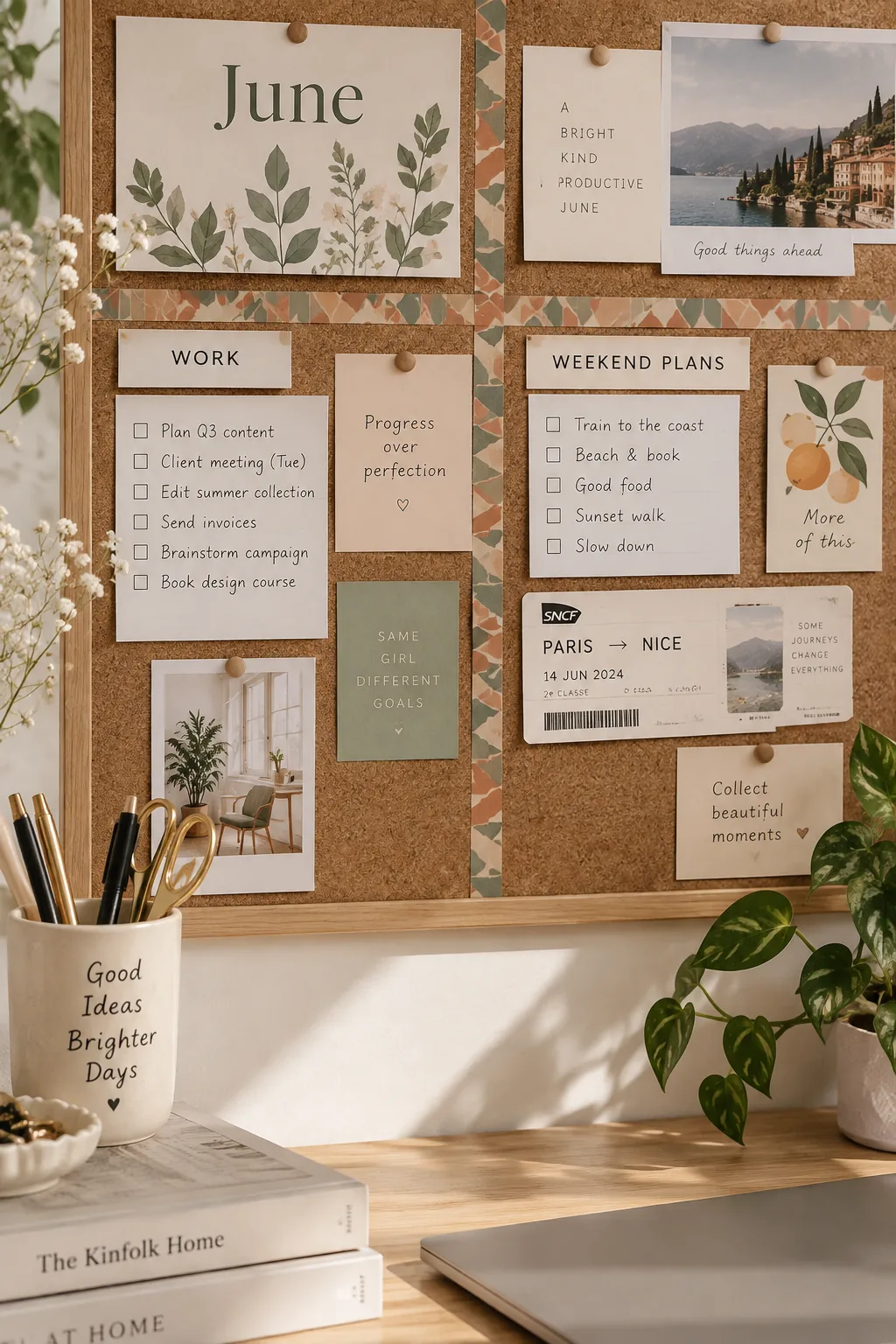 colorful geometric washi tape dividing a bulletin board into neat sections