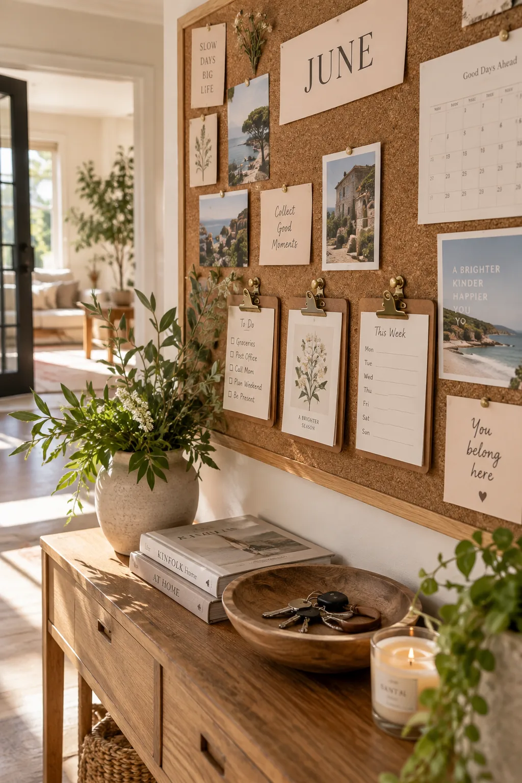 three mini wooden clipboards hanging from heavy-duty pushpins on a corkboard