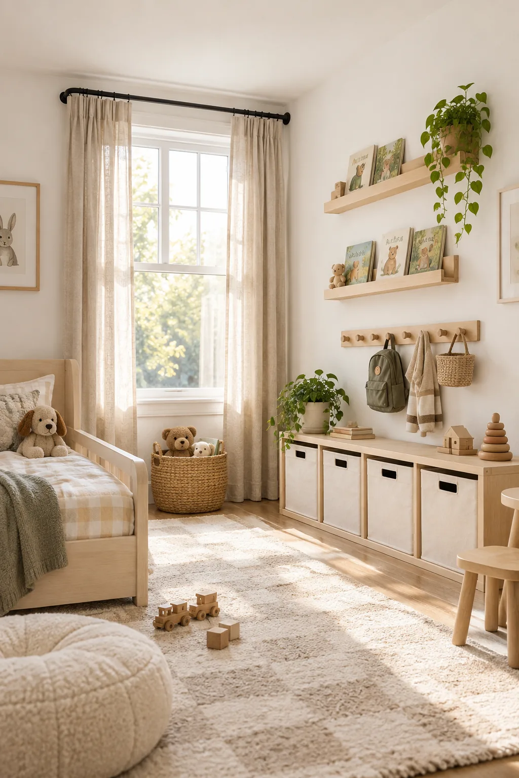 A minimalist toddler room with birch wood shelves, white walls, and monochrome storage bins.
